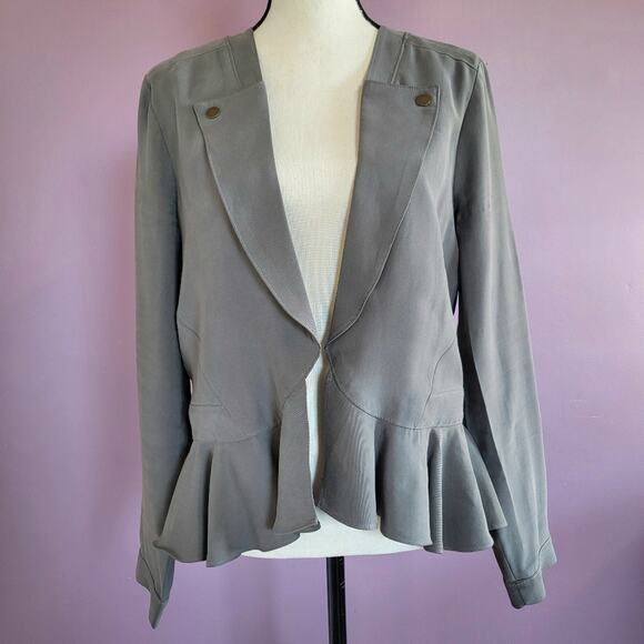 BCBGeneration Sage Green Open Front Buttoned Lapel Peplum Ruffle Hem Jacket - Picture 4 of 16